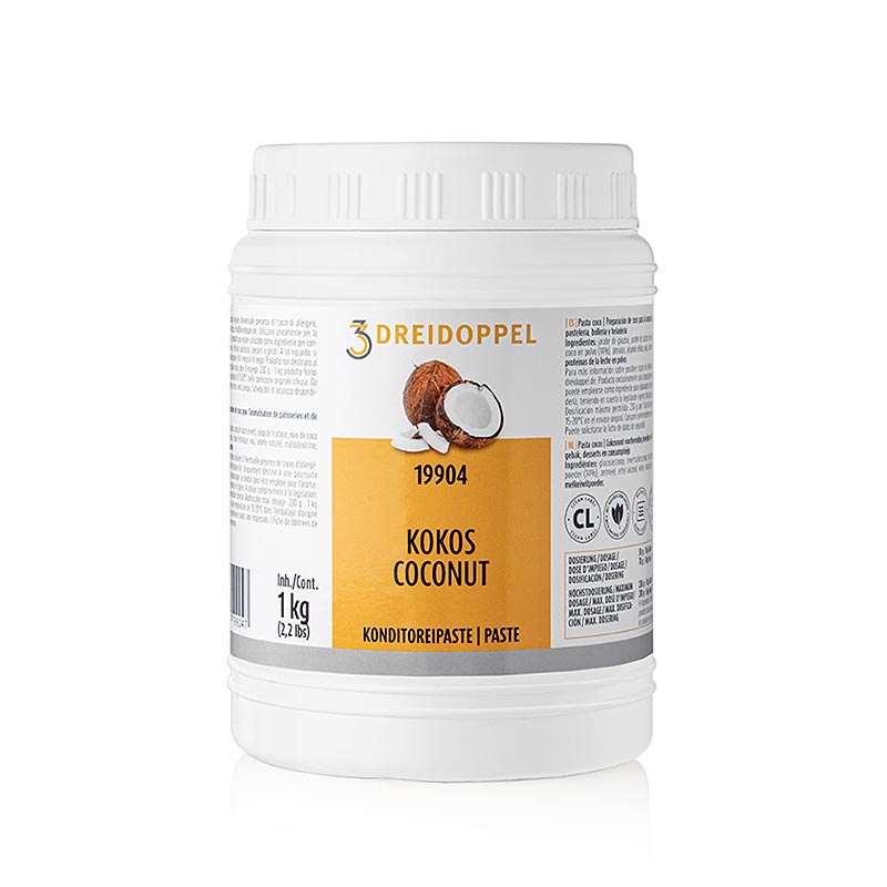 Kokosnuss-Paste, Dreidoppel, No199, 1 kg - Zum Aromatisieren von Cremes, Sahne, Eis, Desserts, Pralinen, Kuchen, Quark und Gebäcken geeignet, mit natürlichen Aromastoffen, Weißweinpulver, Kaffeeextrakt, Karamell, Weinbrand, Haselnüsse, Glukose- und Invertzuckersirup