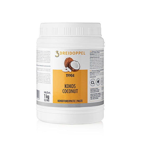 Kokosnuss-Paste, Dreidoppel, No199, 1 kg - Zum Aromatisieren von Cremes, Sahne, Eis, Desserts, Pralinen, Kuchen, Quark und Gebäcken geeignet, mit natürlichen Aromastoffen, Weißweinpulver, Kaffeeextrakt, Karamell, Weinbrand, Haselnüsse, Glukose- und Invertzuckersirup