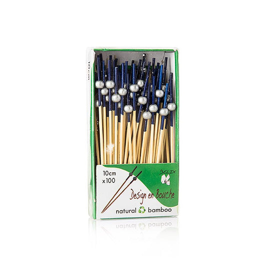 Packung mit 100 Holz-Spießen, jedes mit einem blau gefärbten Ende und einer silbernen Kugel, jeweils 10cm lang (German)