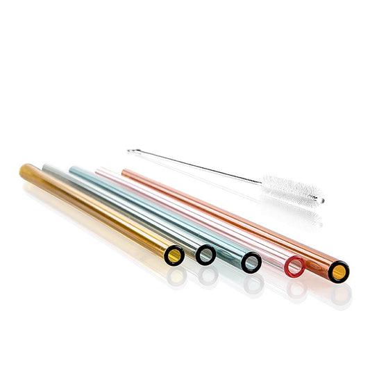 Bunte Glas-Trinkhalme in 5 Farben (rosa, petrol, grau, cognac, gelb) - umweltfreundlich und wiederverwendbar, 21cm Länge, 8mm Durchmesser, 1,5mm Wandstärke, 50 Stück insgesamt