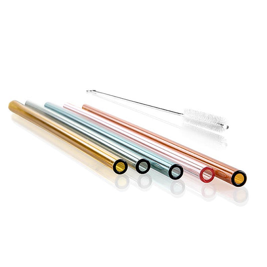 Bunte Glas-Trinkhalme in fünf Farben (rosa, petrol, grau, cognac, gelb)
