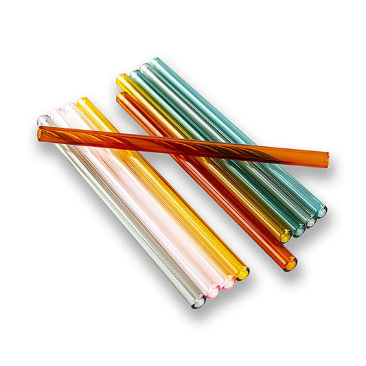 Glas-Trinkhalme (Borosilicat), gerade & bunt, ø8mm (1,5mm Wand), 15cm, 10 St - 5 Farben a 10 Stück (rosa, petrol, grau, cognac, gelb), die elegante Alternative für stilvollen Getränkeservice