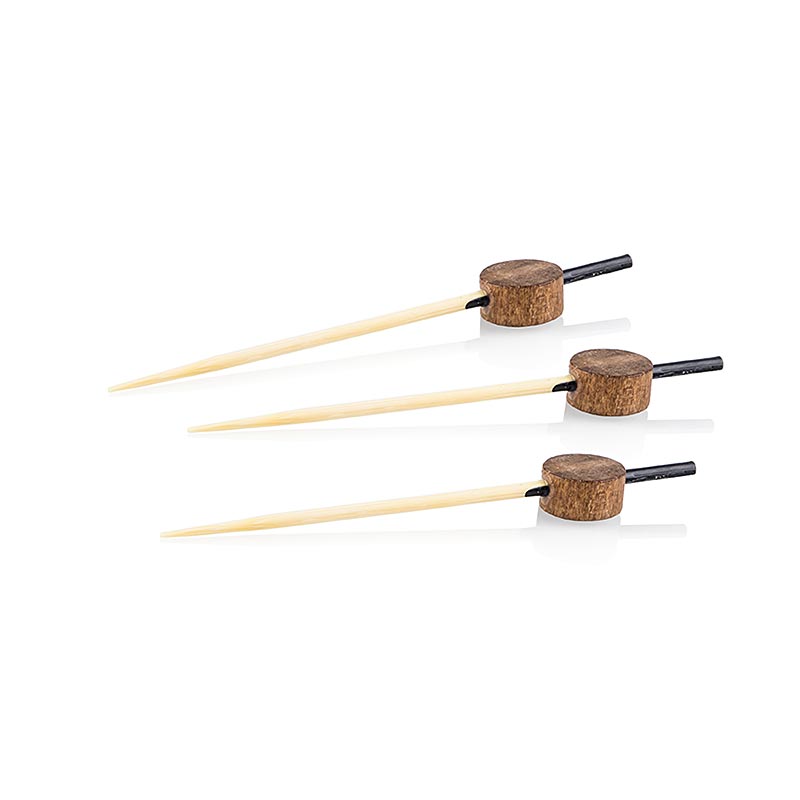Holz-Spieße mit schwarz gefärbtem Ende und holzfarbener Scheibe, ideal zum Grillen, 7cm, 100 Stück Einfaches Zubehör-Besteck für ein schöneres Grillvergnügen