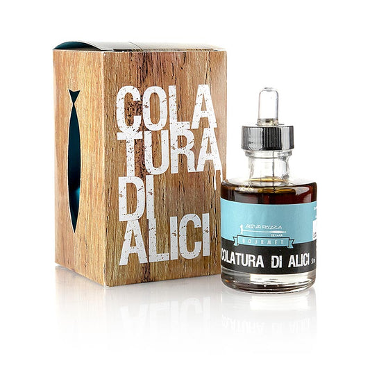 Colatura di Alici, Sardellensauce, Pipettenflasche, Acquapazza, 50 ml - Traditionell hergestellte dunkelbraune Flüssigkeit aus fermentierten Sardellen, reift 18 Monate in Kastanienholzfässern, als Salzersatz in Pasta-Gerichten und Würze im alten Rom bekannt als Garum