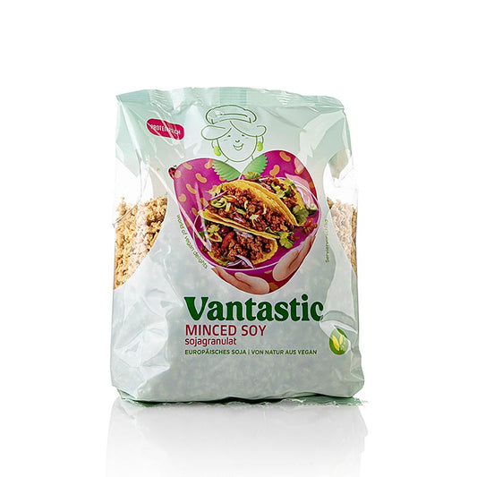 Alt text: Vegan Soja Granulat by Vantastic Foods, a 300g product for plant-based cooking and meal prep (English)