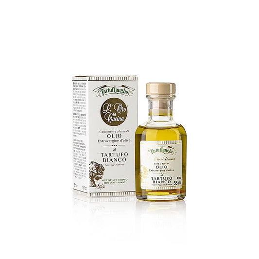 Flasche von Tartuflanghe Natives Olivenöl Extra L´Oro in Cucina m weißem Trüffel & Aroma, ein hochwertiges Trüffelöl-Produkt für ein exquisites Geschmackserlebnis