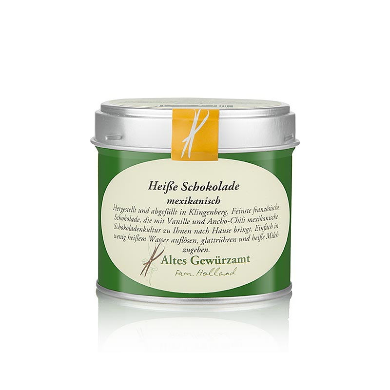 Heiße Schokolade mexikanisch, mit Rohrzucker, Vanille, Chili, Altes Gewürzamt, 110 g - Feine französische Schokolade mit Rohrzucker, Vanille und Ancho-Chili, perfekt für kalte Wintertage!