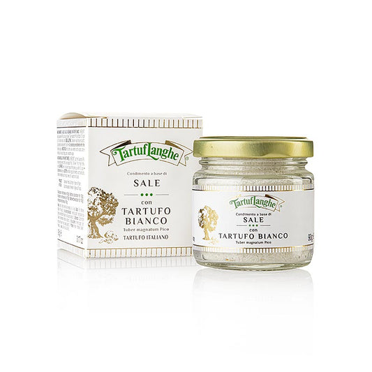 Tartuflanghe Französisches Meersalz mit weißem Trüffel (tuber magnatum pico), 90 g – Verwendung zum Würzen und Aromatisieren von verschiedenen kalten und warmen Speisen, darunter Pasta, Eier- Kartoffel- und Gemüsegerichte, Fleisch- und Fisch-Tartare oder -Carpaccio sowie zu Salaten und Käse Exzellent als Zutat auf Sushi und Foie Gras