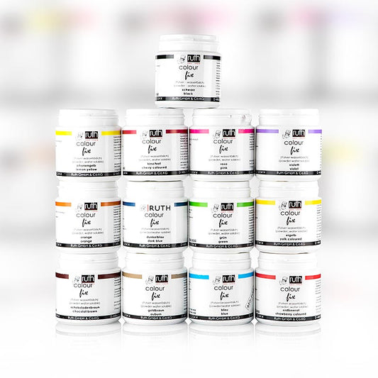 Lebensmittelfarben Sortiment, wasserlöslich, 13 Farben, 9150, Ruth, 650 g, 13 x 50g - Set mit 13 verschiedenen wasserlöslichen Farben in 50g-Beuteln, ideal für kreative kulinarische Meisterwerke
