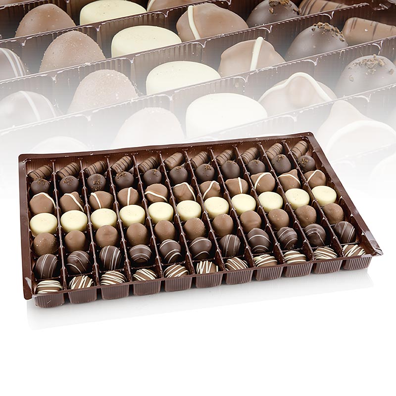 Pralinen - Mischung, 7 Sorten, Dreimeister, 1 kg, 77 St - Köstliche Auswahl aus Nougat, Marzipan, Kaffee, Mandel, Panna Cotta, Schokolade und Rum Traube Marzipan Jede Sorte ca 11 Stück im Karton Ideal für den Genuss zwischendurch oder zum Kaffee