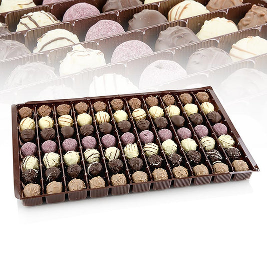 Trüffelpralinen Mischung mit 7 Sorten: Kirschwasser, Eierlikör, Orange Karamell, Kir Royal, Cappuccino, Cafe Mocca, Calvados Jeweils ca 11 Stück pro Sorte Leckerer Genuss für zwischendurch oder zum Kaffee