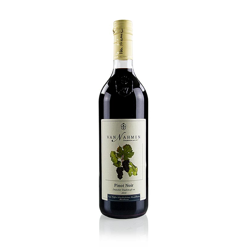 Flasche mit rotem Pinot Noir Traubensaft, 100% Direktsaft, von Nahmen, BIO, 750 ml, hergestellt in der Mosterei und Privatkelterei von Nahmen im Rheinischen Hamminkeln, ohne Konservierungsmittel und Aromastoffe, mit Fokus auf Erhaltung traditioneller Obstsorten und Kultursorten