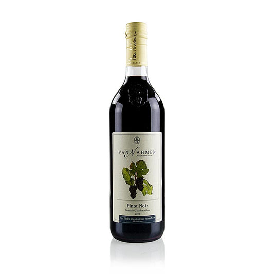 Flasche mit rotem Pinot Noir Traubensaft, 100% Direktsaft, von Nahmen, BIO, 750 ml, hergestellt in der Mosterei und Privatkelterei von Nahmen im Rheinischen Hamminkeln, ohne Konservierungsmittel und Aromastoffe, mit Fokus auf Erhaltung traditioneller Obstsorten und Kultursorten