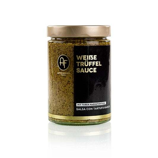 Salsa Tartufata mit weißen Trüffeln (Tuber magnatum) und Champignons, ideal für italienische Küche, passt gut zu Eierspeisen, Pasta und hellem Fleisch, 500 g