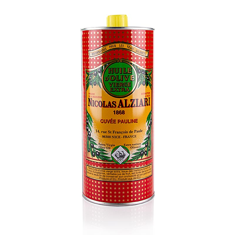 Natives Olivenöl Extra, Cuvée Pauline (Intensiv), Alziari, BIO, 1 l - Feines grüngelb-farbenes Öl aus grün-geernteten Oliven, fruchtig-intensiv und besonders schmackhaft zu Salaten, Tomaten und rohen Gemüsen, mit reiner frischer Kräuterduft, reinem Olivengeschmack und einer pfeffrigen Note am Zungenhintergrund
