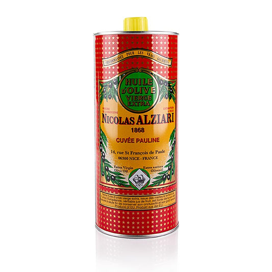 Natives Olivenöl Extra, Cuvée Pauline (Intensiv), Alziari, BIO, 1 l - Feines grüngelb-farbenes Öl aus grün-geernteten Oliven, fruchtig-intensiv und besonders schmackhaft zu Salaten, Tomaten und rohen Gemüsen, mit reiner frischer Kräuterduft, reinem Olivengeschmack und einer pfeffrigen Note am Zungenhintergrund
