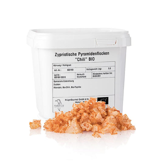 Meersalz mit Chili in Pyramidenform, Petros, Zypern, BIO, 600 g - Pikante Mischung aus pyramidenförmigem Meersalz mit getrockneten Chilis, ohne künstliche Zusätze oder Rieselstoffe, für warme und kalte Speisen geeignet