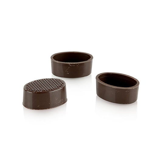 Pralinen-Schalen in ovaler Form aus Zartbitterschokolade, 24/33mm oben, 22/32mm unten, 13mm hoch