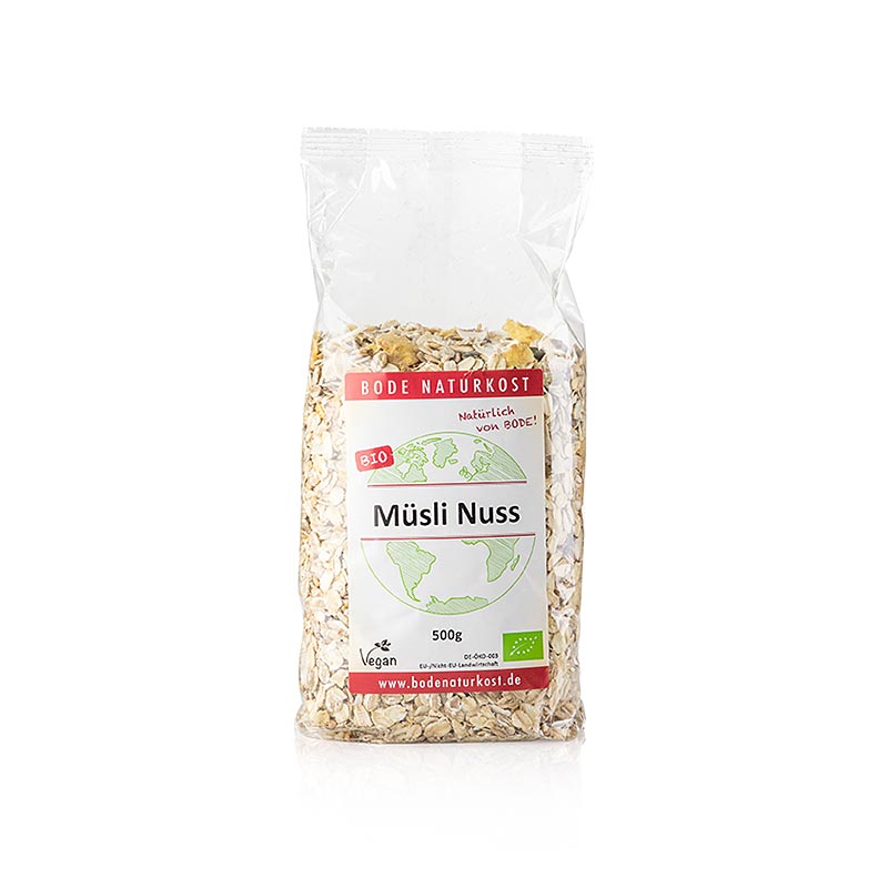 Müsli, mit Nuss, BIO, 500 g - Eine köstliche Mischung aus Haferflocken, Leinsaat, Sonnenblumenkernen, geröstetem Buchweizen und Haselnusskernen für ein abwechslungsreiches und köstliches Frühstück, das mit Milch, Joghurt oder Nussdrinks und frischen Früchten serviert wird