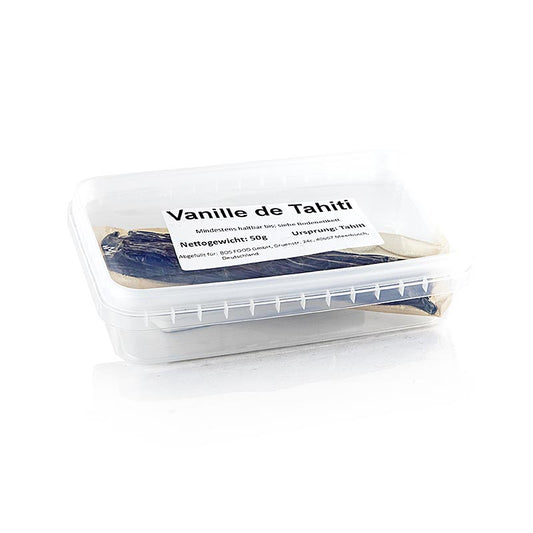 A close-up photo of a package of Tahiti-Vanille Schoten, showing 5-8 pods, totaling 50 grams in weight