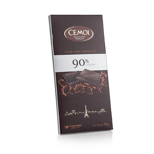 Schokoladen Tafel - Zartbitter, 90% Kakao, Cémoi, 80 g - Leckere dunkle Schokolade mit hohem Kakaoanteil von 90%, hergestellt von der Marke Cémoi, 80 Gramm