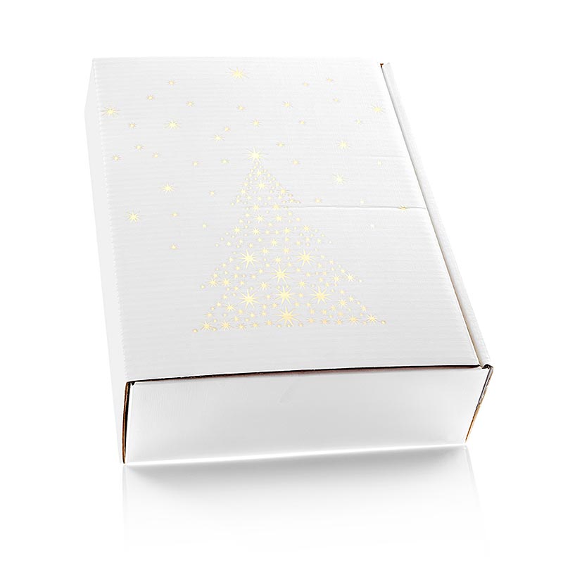 Präsentkarton Seta Bianco Sternenbaum, stilvolle Verpackung für Geschenke und Wein, weißer Karton, 360mm