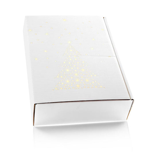 Präsentkarton Seta Bianco Sternenbaum, stilvolle Verpackung für Geschenke und Wein, weißer Karton, 360mm