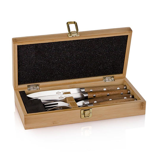 Gourmet Steakbesteck aus deutschem Carbonstahl, mit Akazienholzgriffen und Bambusbox