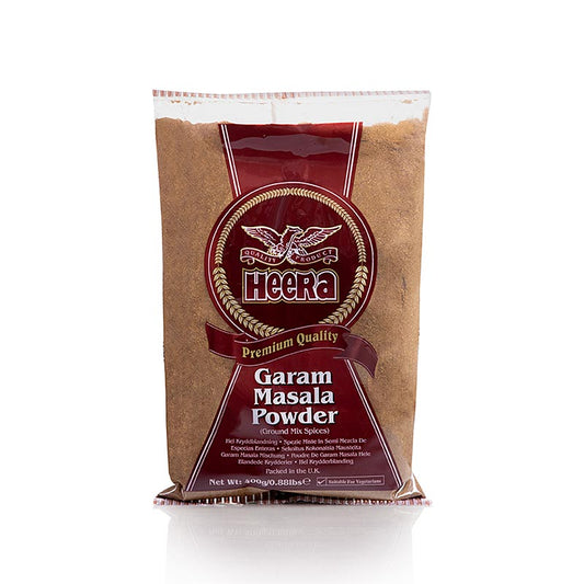 Garam Masala-Pulver, Gewürzubereitung für Fleisch- und Geflügelgerichte, Heera, 400 g: Eine vielseitige Gewürzmischung mit sorgfältig ausgewählten Gewürzen wie Koriander, Kreuzkümmel, Kardamom und Zimt, verpackt in einer praktischen, luftdicht verschlossenen 400-Gramm-Packung für lange Freude