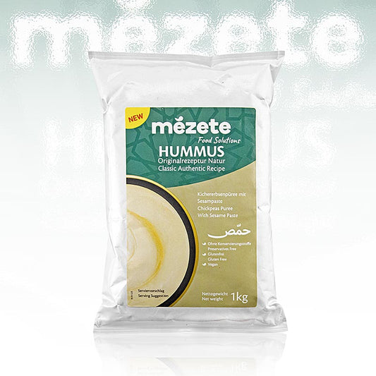 Bild eines 1 kg Behälters Professional Hummus Classic, Kichererbsenpüree mit Sesampaste, Mézete - Ein perfekter, haptisch überzeugender Hummus, der nicht gekühlt gelagert werden muss und vielseitig einsetzbar ist