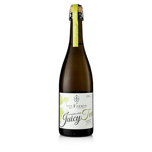 Flasche von van Nahmen Bio Sparkling Juicy Tea - Verbene - Jasmin - Riesling, 750 ml, hergestellt aus sortenreinen Säften mit rassiger Grundlage aus Riesling-Trauben und asiatisch anmutender Geschmacksnote von Verbene, Jasmin und Minze, für Genuss gut gekühlt, auch erhältlich in 200ml Flaschen (Artikel 63680)