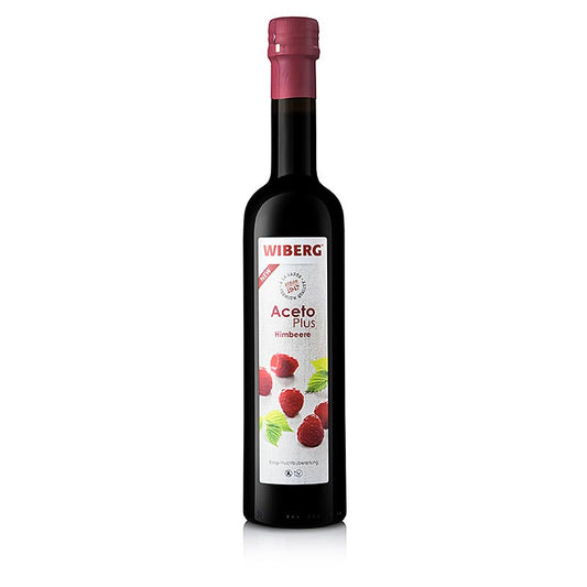 Bild eines 500 ml Wiberg Aceto Plus Himbeere mit 2,5% Säure, ideal für moderne Salatkompositionen und süße Küche, kombinierbar mit Basilikum-Öl, Macadamianuss-Öl, Sesam-Öl und Walnuss-Öl