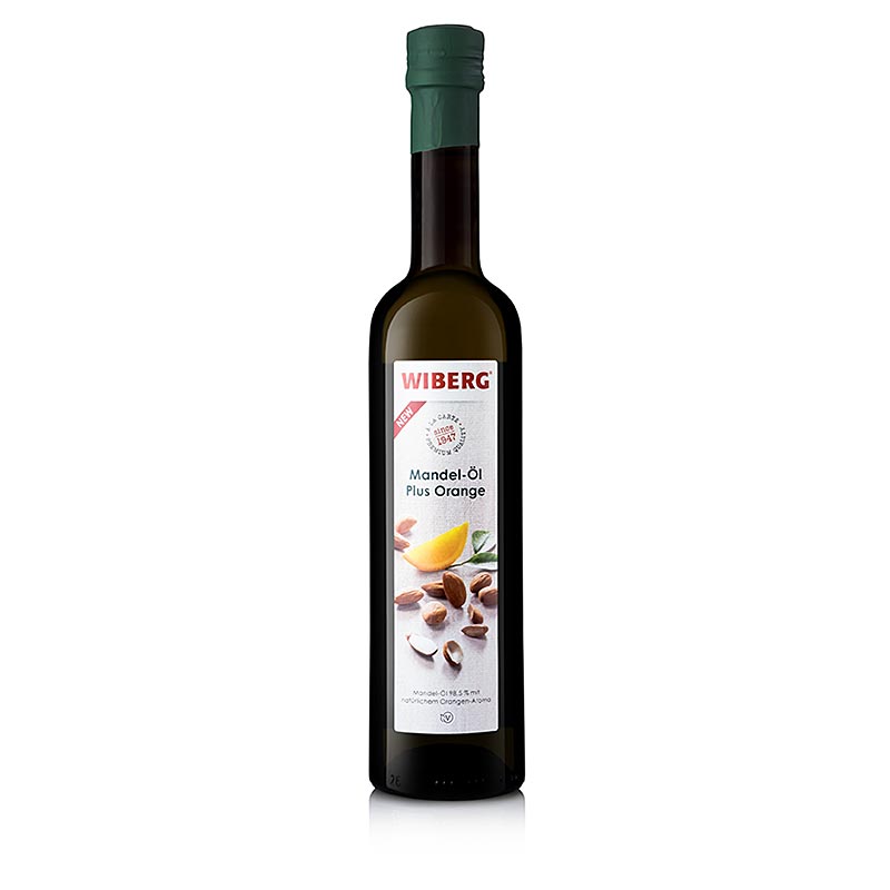 Flasche Wiberg Mandelöl Plus Orange, 500 ml, mit dezentem Mandelkerngeschmack und fruchtiger Orangennote, ideal für Wildgerichte, Geflügel, Kalbfleisch, Salate und süße Küche, perfekte Kombination mit WIBERG Birnen Balsam-Essig Barrique, Sherry-Essig gU, AcetoPlus Holunder, AcetoPlus Preiselbeere