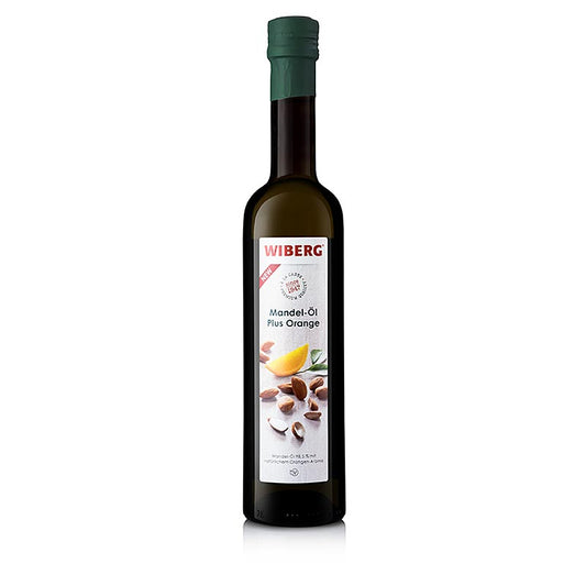 Flasche Wiberg Mandelöl Plus Orange, 500 ml, mit dezentem Mandelkerngeschmack und fruchtiger Orangennote, ideal für Wildgerichte, Geflügel, Kalbfleisch, Salate und süße Küche, perfekte Kombination mit WIBERG Birnen Balsam-Essig Barrique, Sherry-Essig gU, AcetoPlus Holunder, AcetoPlus Preiselbeere