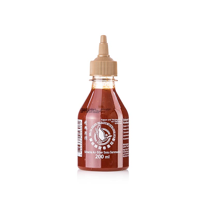 Chili-Sauce - Sriracha, scharf, mit extra Knoblauch, Squeeze Flasche, Flying Goose, 200 ml: Eine Squeeze-Flasche Sriracha-Chilisauce mit normalem Schärfegrad und leckerem Knoblauchgeschmack, hergestellt aus pürierten roten Chilischoten und einem Hauch von Knoblauch, der jedem Gericht eine feurige und süße Note verleiht