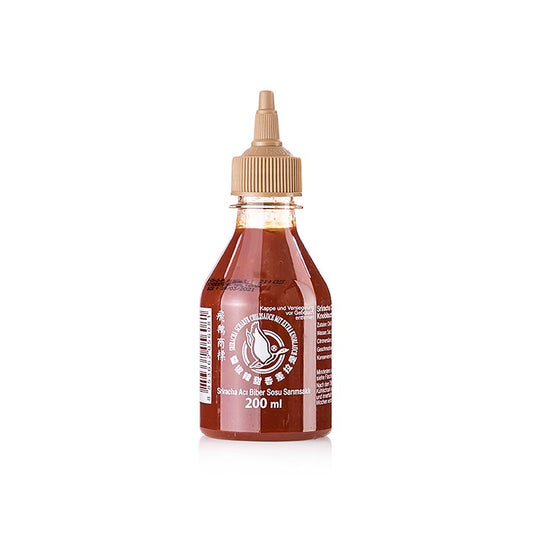 Chili-Sauce - Sriracha, scharf, mit extra Knoblauch, Squeeze Flasche, Flying Goose, 200 ml: Eine Squeeze-Flasche Sriracha-Chilisauce mit normalem Schärfegrad und leckerem Knoblauchgeschmack, hergestellt aus pürierten roten Chilischoten und einem Hauch von Knoblauch, der jedem Gericht eine feurige und süße Note verleiht