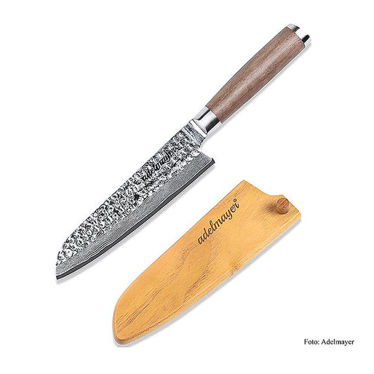 Damast Santokumesser, 17,5cm, Adelmayer, 1 St - Hochwertiges und robustes Damast Küchenmesser mit ergonomischem Griff und 67 Schichten, inklusive Klingenschutz aus Holz