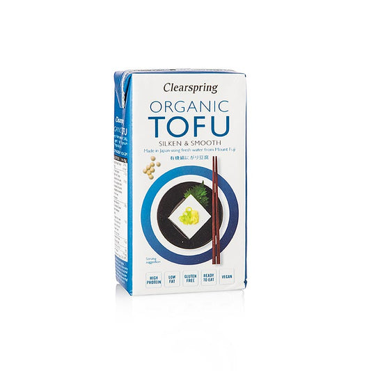 Bio-Seidentofu von Clearspring, hergestellt aus Bio-Sojabohnen, Quellwasser vom Berg Fuji und Nigari, mit seidig-weicher, glatter Textur und hoher Festigkeit, perfekt für heiße Misosuppe und andere köstliche Gerichte