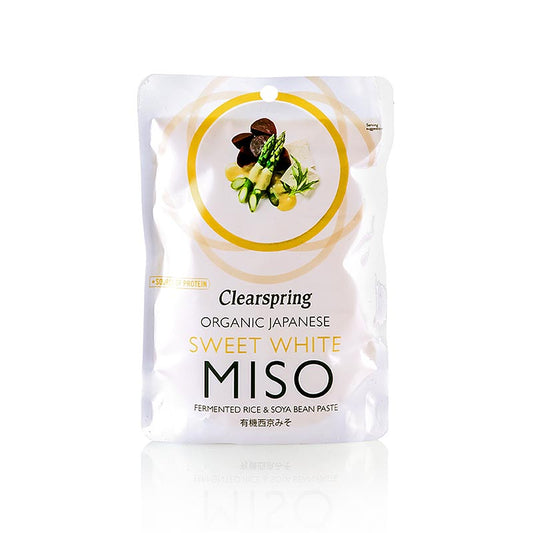 Organische weiße Miso-Paste, hergestellt im Kyoto-Stil mit kurzer Reifezeit, hat eine cremige Textur und eine leicht salzige Süße, die sich ideal als Ersatz für Milch oder Sahne in Suppen und Pürees eignet, sowie in Verbindung mit Essig und Öl als unvergleichliches Dressing