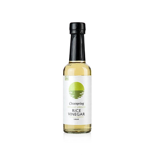 Alt text: 250 ml bottle of Clearspring organic Japanese rice vinegar, heller Reisessig, with BIO certification, ideal for adding flavor to dishes (English)