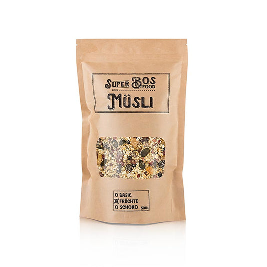 Super BOS FOOD Früchtemüsli - eine köstliche Mischung aus verschiedenen Samen, Nüssen, Beeren und getrockneten Früchten, perfekt für einen energiegeladenen Start in den Tag mit Skyr und Honig