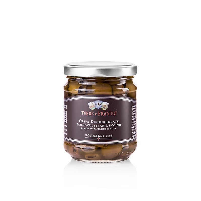 Schwarze Oliven, ohne Kern (Denocciolate), in Olivenöl, Terre e Frantoi Gonnelli, 180 g - Eingelegte, eingemachte, schwarze Oliven ohne Kern, perfekt eingeweicht in Olivenöl Geeignet als Aperitif, Salatbeilage oder Topping Genießen Sie die köstliche Antipasti-Olivenpaste!
