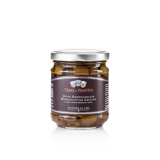 Schwarze Oliven, ohne Kern (Denocciolate), in Olivenöl, Terre e Frantoi Gonnelli, 180 g - Eingelegte, eingemachte, schwarze Oliven ohne Kern, perfekt eingeweicht in Olivenöl Geeignet als Aperitif, Salatbeilage oder Topping Genießen Sie die köstliche Antipasti-Olivenpaste!