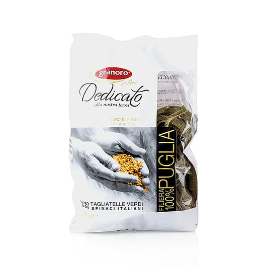 Tagliatelle Nidi Spinaci aus bestem Hartweizengrieß, ohne Eier, hergestellt in Italien 100% apulischer Weizen, nachhaltige Landwirtschaft