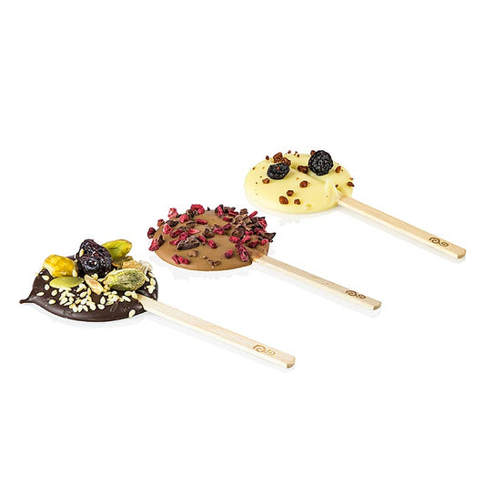 Sucettes au chocolat, 3 variétés, ø 4,5 x 11 cm, 570 g, environ 44 pièces