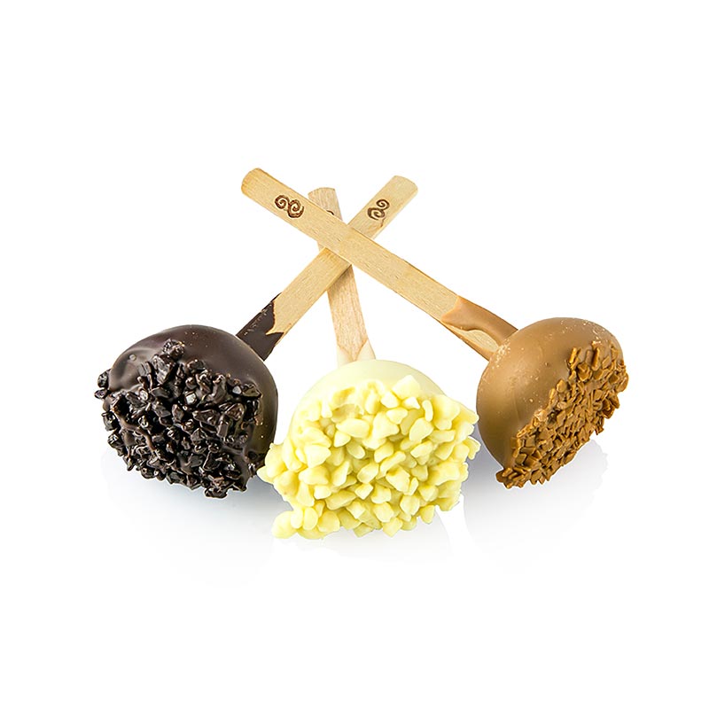 Drei verschiedene Dessert-Lollies mit Vollmilch, Baileys, weißer Schokolade, Zimt, Zartbitter, Chili-Schokolade, perfekt für Buffets und Kaffee- & Teeservice