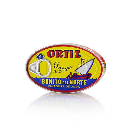 Weißer Thunfisch Bonito del Norte in Olivenöl, Ortiz, 112 g - Dose mit feinstem weißen Thunfisch in Olivenöl für eine seidige Textur und reichhaltigen Geschmack, der mit der Lagerung noch besser wird