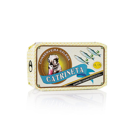 Sardinen (sardinillas pimiento de padron) ganz, mit Paprika, Catrineta, 115 g - Dose mit kleinen Sardinen in Olivenöl und Pimiento de Padrón, mit traditionellen Pimientos de Padrón aus Galicien, von der Manufaktur Catrineta