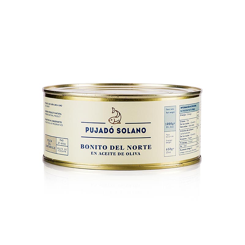 Weißer Thunfisch Bonito del Norte in Olivenöl, Pujado Solano, 1 kg - Eine Delikatesse der Meere: Genießen Sie den Geschmack dieses wohlschmeckenden Fischprodukts, das in Olivenöl eingelegt wurde