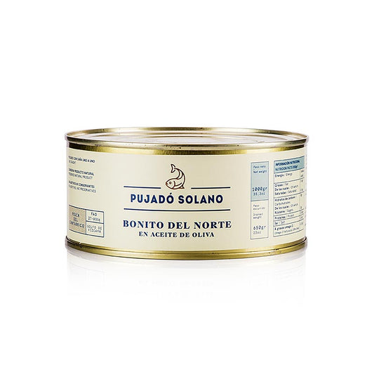 Weißer Thunfisch Bonito del Norte in Olivenöl, Pujado Solano, 1 kg - Eine Delikatesse der Meere: Genießen Sie den Geschmack dieses wohlschmeckenden Fischprodukts, das in Olivenöl eingelegt wurde